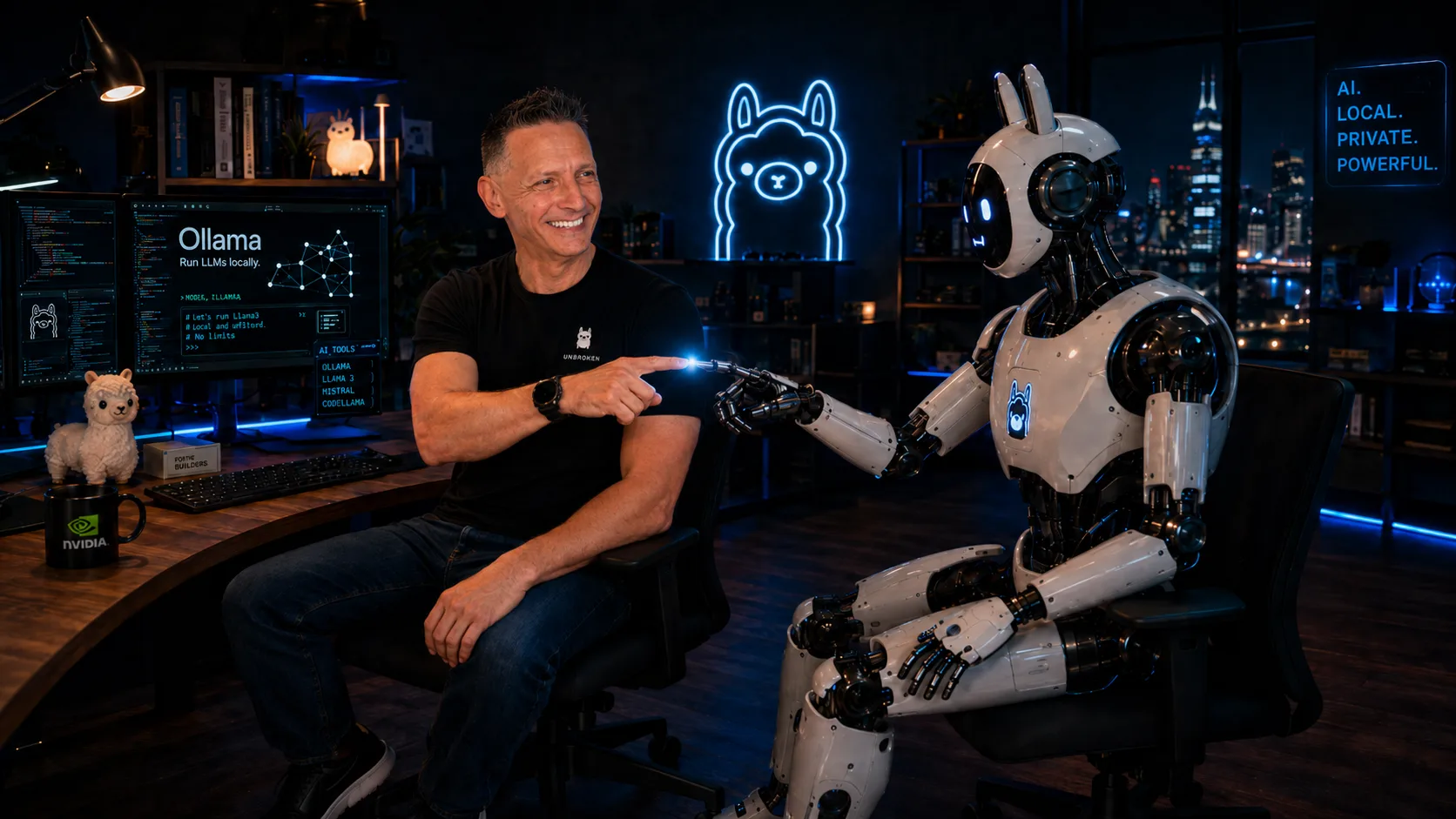 Marcel z REAL 3D podáva ruku humanoidnému robotovi v neónovom AI štúdiu
